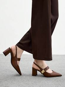 CUCCOO BIZCHIC Sandalias de tacón grueso con punta puntiaguda, hebilla cuadrada, cómodas y de moda para el uso diario - Café integral - Ver 4