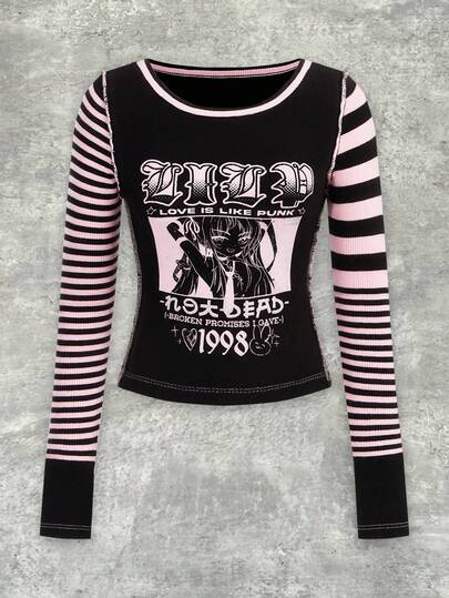 Shutterstock Y2Kool Suéter casual con estampado de rayas en contraste negro y rosa, estilo anime Y2K, adecuado para otoño/invierno, fiestas y uso diario