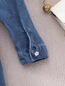 SHEIN 少女红心刺绣蓝色牛仔连衣裙 - 淺色水洗藍 - 查看 7