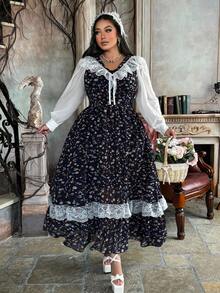 Lyrianda Vintage Romantic Floral Lace Patchwork Elegant Contrast Color Dress