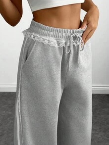 SHEIN Women's Grey Melange Wide-Leg Pants With Lace Trim Detail - Grey - View 6
