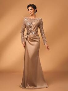 Serin 优雅奢华仿珍珠蕾丝贴花拼接弹力缎面薄纱长袖褶皱美人鱼连衣裙，适合婚礼、派对、度假、舞会、新娘母亲礼服、情人节等场合。 - 香檳色 - 查看 7