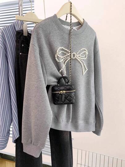 Franclia 女式仿珍珠蝴蝶结装饰圆领宽松休闲运动衫