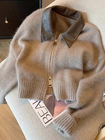 SHEIN Frenchy 女式复古卡其色拼布领短款休闲双拉链针织开衫，秋冬