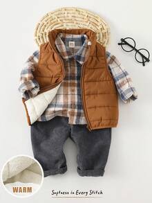 Cozy Pixies 3pcs Baby Boy Casual Soft Plaid Shirt, Solid Color Sleeveless Fleece Vest, And Elastic Waist Pants Set Baby Boys Outfit Baby Set Autumn Winter Baby Boys Winter Outfit Fall - Brown - View 1