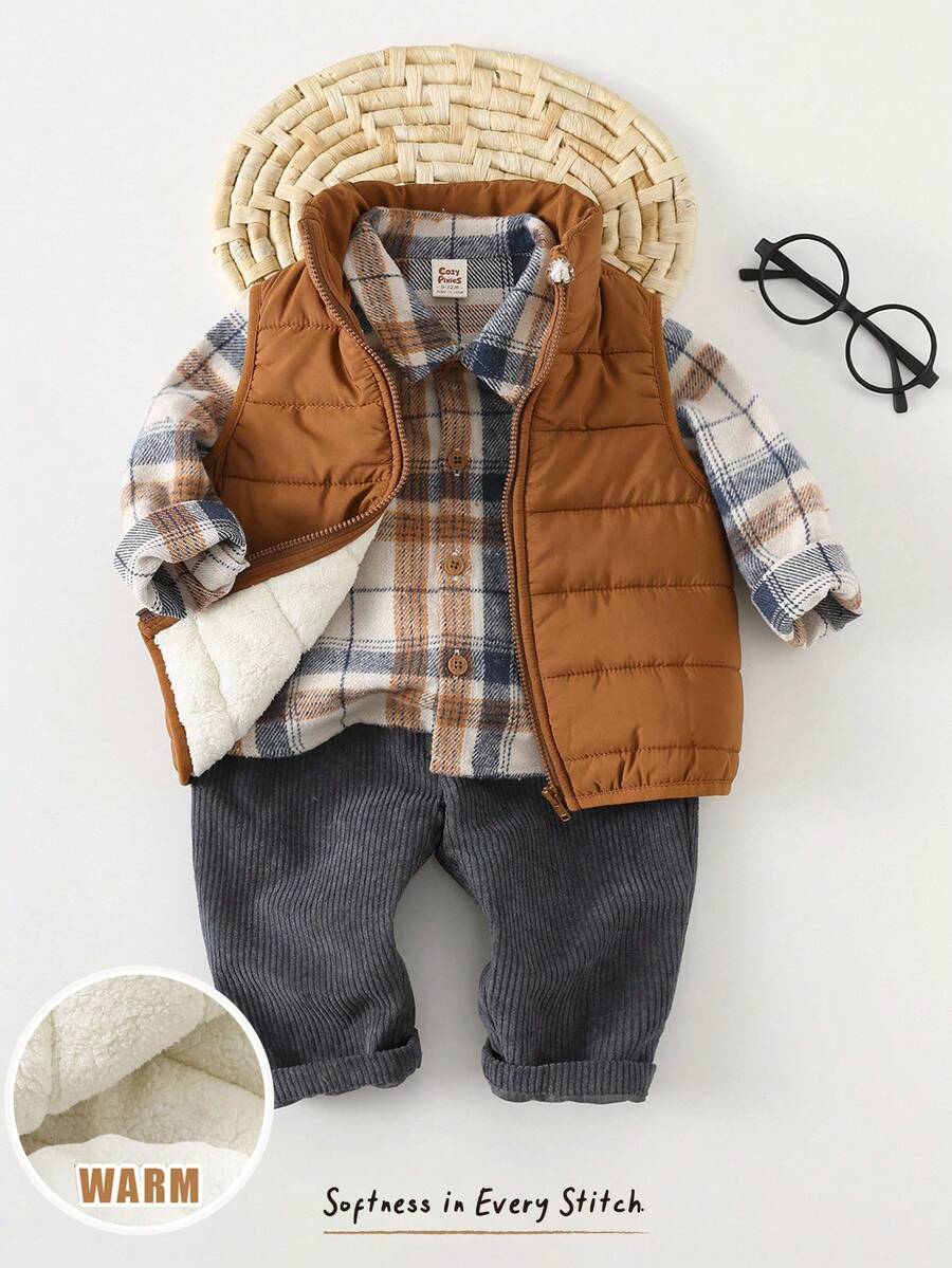 Cozy Pixies 3pcs Baby Boy Casual Soft Plaid Shirt, Solid Color Sleeveless Fleece Vest, And Elastic Waist Pants Set Baby Boys Outfit Baby Set Autumn Winter Baby Boys Winter Outfit Fall - Brown - View 1