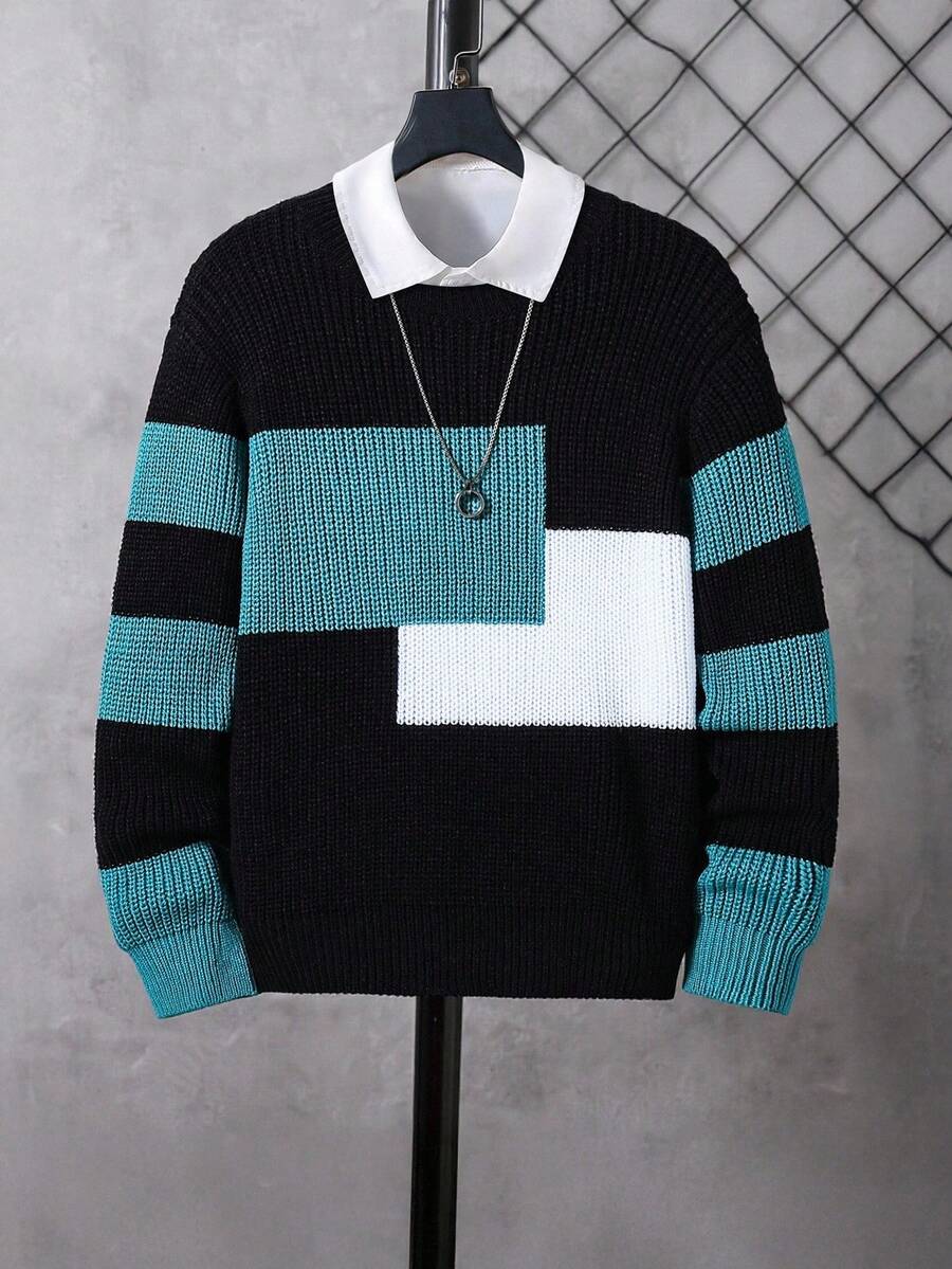 1pc Boys' Pullover Sweater, Classic Color Block Round Neck Loose Casual Style, Bright Colors, Neat Hem & Cuffs, Regular Thickness Smooth Texture, Suitable For Daily Casual Wear, Outdoor, School In Autumn/Winter Knit Sweater Blue Sweater Sweater For Tweens 8 Years Old Boy Knitwear - Multicolor - View 1