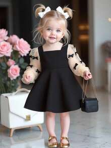 2pcs Mommy And Me Matching Outfits, Cute & Elegant Color Block Bowknot Long Sleeve Dress For Baby Girl (Sold Separately) Elegant Black Dress For Toddler Black Elegant Dress For Toddler Baby Black Elegant Dress Baby Elegant Dress Party Black Mom Daughter Matching Dress