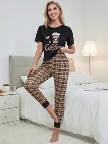 Letter Graphic Print Top And Plaid Trousers PJ Set - Multicolor - View 6