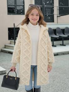 SHEIN Sudadera con capucha de manga larga y largo medio con línea A de unicolor esponjoso para niñas/adolescentes, adecuado para salidas y uso en casa, otoño/invierno