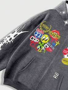 ROMWE MEN Street Life Áo nỉ nam dáng rộng cắt gấu đính sequin lấp lánh, thời trang dạo phố, mùa thu - Xám - Xem 3