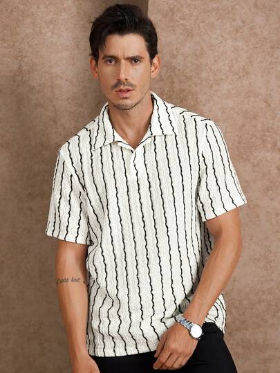 Core Aspect Men's High-End Texture Geometric Knitted Jacquard Contrasting Color Short-Sleeved Polo Shirt Two-Piece Set Golf Shirt Polo Shirt,Men Polo Shirts Men Stripe Shirt,A Versatile And Essential Item For Daily Commuting And Travel