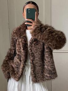 Livesso 女士仿毛皮休闲商务外套，宽松版型，时尚百搭，适合办公室穿着，棕色，秋冬女式外套 - 棕色 - 查看 4