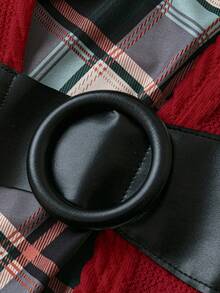 Plus Size Plaid Print 2 In 1 Fitted Long Sleeve Dress - Red - View 4