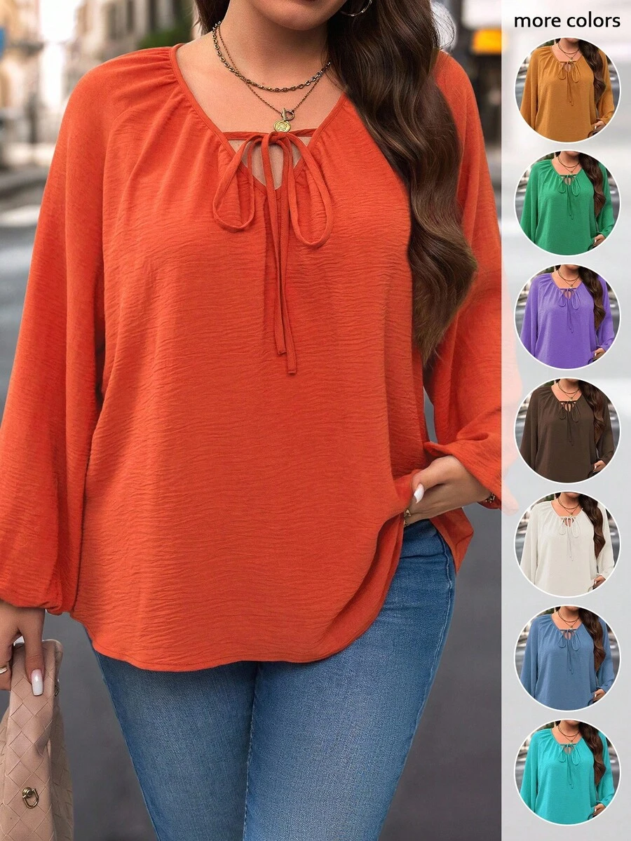 Blusa de manga farol de unicolor simple, talla grande, top de otoño - Naranja - Ver 1