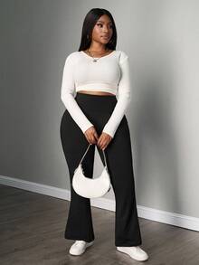 SHEIN PETITE CURVE 大码女装秋冬返校休闲家居瑜伽舒适户外纯黑色针织弹力腰高腰口袋喇叭裤，带口袋的打底裤，大码喇叭裤，大码阔腿裤，大码喇叭裤，春季，优雅，休闲，黑色裤子 - 黑色 - 查看 6