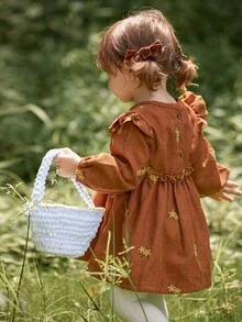 SHEIN Vintaside Kids Baby Girls' Corduroy Dress, Embroidered Floral Pattern, Elegant Countryside Style, Suitable For Spring, Autumn And Winter Transition Seasons Fall