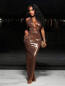 BamGleam Women's Sexy Hollow-Out Metal Shell Dress - Brown - View 5