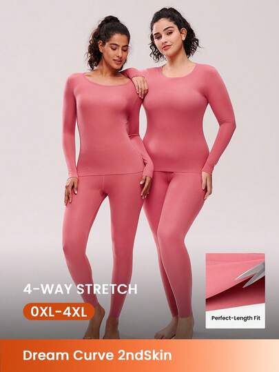 LUVLETTE Conjunto de ropa interior térmica para mujer talla grande, ultra suave, capa base para clima frío, pijama de invierno cálido con parte superior de cuello redondo y pantalón largo - Conjunto ligero y cálido en color rojo parduzco