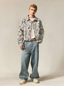 ROMWE MEN Men's Floral Print Button Front Casual Long Sleeve Jacket And Coat - Brown - View 5