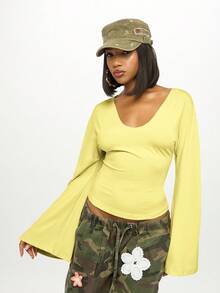 SUMWON WOMEN Áo crop top cổ tròn tay loe tay loe sang trọng, co giãn, thanh lịch, ôm sát, dáng cánh dơi, thời trang thu đông cho tiệc tối - Vàng nhạt - Xem 6