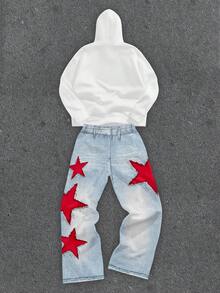 Manfinity ZONE917 Men Distressed Denim Effect Star Print Thermal Lined Hoodie Set, Fall/Winter Clothes