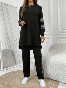 EMERY ROSE 2件套女士时尚通勤亮片装饰上衣和裤子套装 - 黑色 - 查看 4