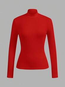SHEIN EZwear 2pcs/Set Women's Black & Red Mock Neck Tight Fit Long Sleeve Base Layer T-Shirt Set - Multicolor - View 3
