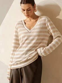 Lymera 女式棕白色休闲优雅日常条纹拼色时尚设计运动衫秋冬女式新年圣诞节外出聚会通勤场合 - 彩色 - 查看 4