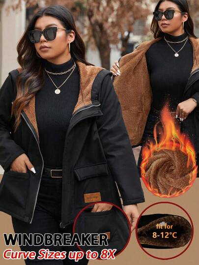 SHEIN CURVE+ Chaqueta con capucha con cremallera y bolsillos para mujer de talla grande, forrada térmicamente, color negro