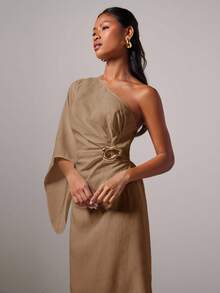 COSMINA Women's Elegant Metallic Buckle Asymmetric Dress - Camel - View 6