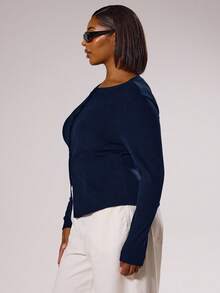 MUSERA Plus Size Button Down Fitted Long Sleeved Top   Elegant Classy Vacation Holiday Cute Holiday Romantic 90's Y2k  Festive, Holidays - Navy Blue - View 4