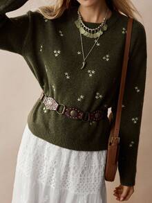 Florisole French Paris Style Casual Star Pattern Pullover Sweater - Green - View 4