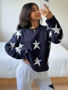 INAWLY Women's Casual Star Pattern Sweater, Autumn/Winter - Navy Blue - View 6