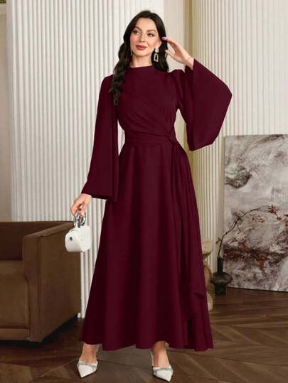 Modelyn Women Elegant Solid Color Bell Sleeve Arabic Dress, Autumn Long Evening Dresses