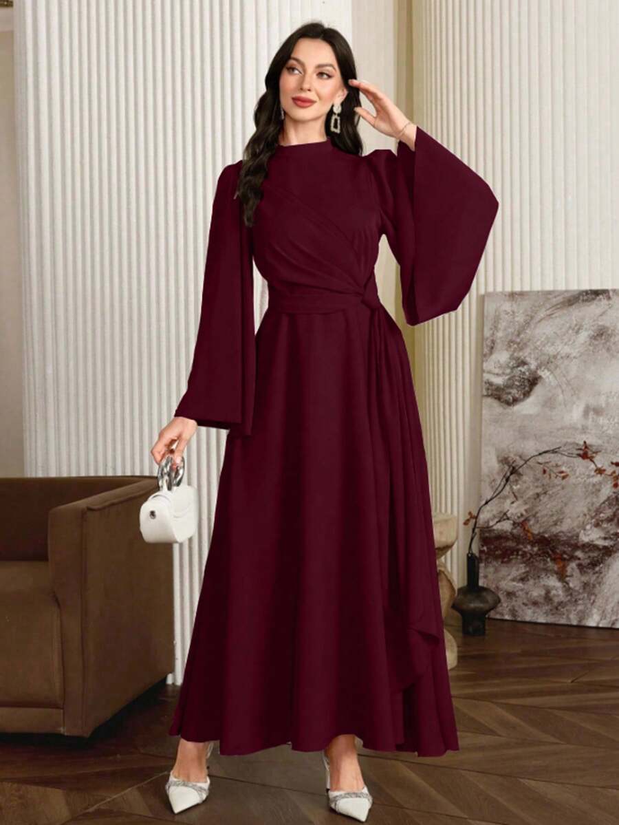 Modelyn Gaun Arab Lengan Lonceng Warna Polos Elegan untuk Wanita, Gaun Malam Panjang Musim Gugur - Merah - View 1
