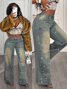 Slaydiva Women's Party Fashion Multi-Pocket Casual Loose Wide-Leg Rivet Denim Pants,Fall And Winter,Women's Halloween Jeans,Y2k Punk Rivet Jeans