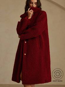 GENKIRA 女式仿羊毛饰边领金属纽扣装饰长款外套 - 酒紅色 - 查看 1