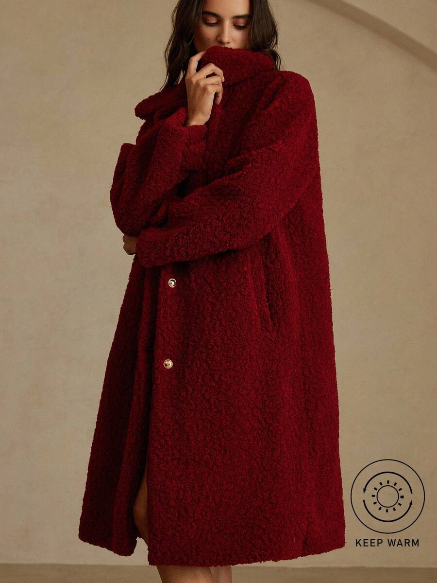 GENKIRA 女式仿羊毛饰边领金属纽扣装饰长款外套 - 酒紅色 - 查看 1