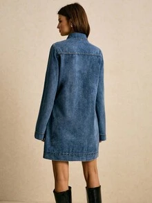 Poéselle 新款女士牛仔连衣裙宽松长袖翻领套头连衣裙秋冬连衣裙女秋季服装冬装女士冬季连衣裙圣诞连衣裙沙特国庆节连衣裙新年服装派对礼服毕业礼服女士正式礼服深蓝色牛仔连衣裙