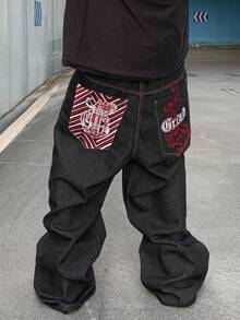 ROMWE MEN Grunge Punk Men's KPOP Embroidered Pattern Loose Baggy Jeans - Black - View 3