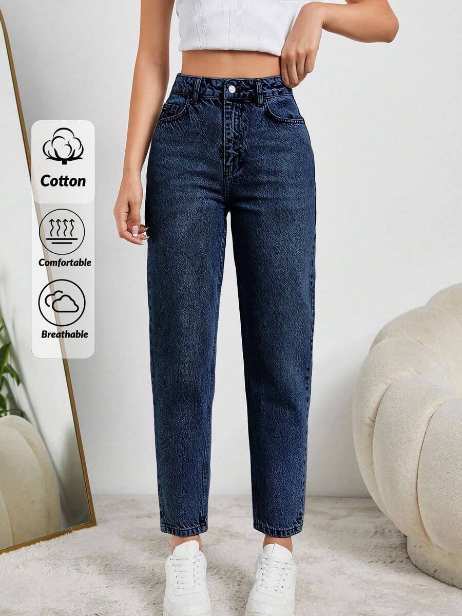 SHEIN Tall HIGH RISE MOM FIT LIGHT BLUE JEAN TALL - Dark Wash - View 1