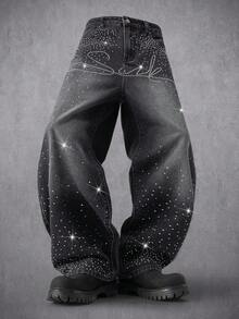 Manfinity Denimwave Men's Fashionable Street-Style Rhinestone Embellished Black Wide-Leg Jeans - Black - View 1