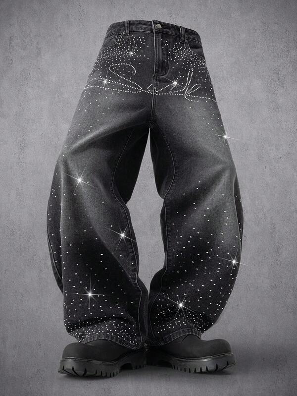 Manfinity Denimwave Men's Fashionable Street-Style Rhinestone Embellished Black Wide-Leg Jeans