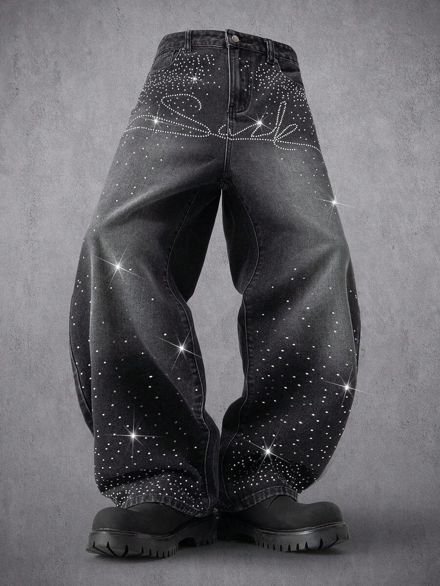Manfinity Denimwave Men's Fashionable Street-Style Rhinestone Embellished Black Wide-Leg Jeans - Black - View 1
