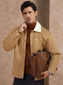 Manfinity Homme Men's Autumn And Winter New Suede Warm Fabric Camel Solid Color Inner Fleece Collar Jacket, Anniversary Gift Brown Jacket Men Men Outerwear,This Is A Versatile Coat For Daily Commuting And Traveling. It's A Gift For Your Husband, Boyfriend, And Friends. It Features A Casual And Simple Style, A Mature Urban Look, And A Laid-Back Urban Vibe - Camel - View 1