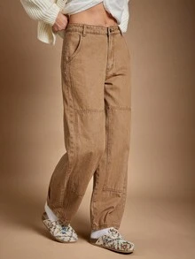 WESTFADE 中腰宽松筒形裤腿棉混纺牛仔布实用牛仔裤 秋季，秋季，冬季 - 棕色 - 查看 4