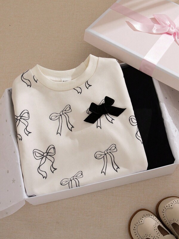 Souflis Souflis Conjunto de 2 piezas de sudadera de manga larga con lazo blanco grueso y pantalón largo grueso, estilo francés casual para otoño/invierno 2025, adecuado para la escuela, salidas y tiempo de juego, bebé/niña bebé