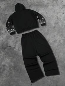 ROMWE MEN Street Life 2pcs Set: Screen Printed Jesus Rhinestone Embellished Hoodie And Pants - Black - View 2