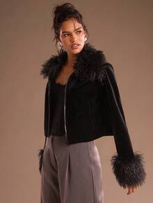 Glamine 女式性感优雅绒面流苏边无领长袖短款夹克 - 黑色 - 查看 1